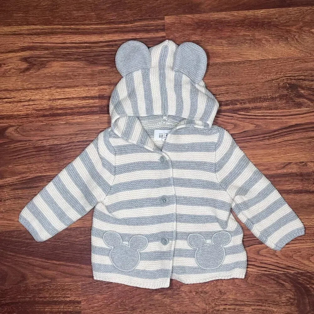 Baby Gap Disney Knit Sweater Button Down Mickey Pockets Size 6-12 Months